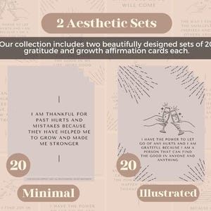 Op de afbeelding: Twee sets van 20 affirmatiekaarten, &eacute;&eacute;n set met een minimalistisch ontwerp en de andere met een ge&iuml;llustreerd ontwerp. De minimalistische set heeft een beige achtergrond met zwarte tekst. De ge&iuml;llustreerde set heeft een lichtroze achtergrond met zwarte lijnkunst en tekst. Beide sets hebben het nummer 20 in een cirkel linksonder gedrukt. De tekst op de minimalistische set luidt: "Ik ben dankbaar voor eerdere pijn en fouten, omdat ze me hebben geholpen te groeien en me sterker hebben gemaakt." De tekst op de ge&iuml;llustreerde set luidt: "Ik heb de kracht om alle pijn los te laten en ik ben dankbaar, omdat ik een persoon ben die het goede in iedereen en alles kan vinden."