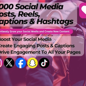 Puede incluir: Un gráfico rosa con un icono de corazón blanco y el texto "4000 publicaciones, reels, leyendas y hashtags de redes sociales". El texto "Haz crecer tus redes sociales sin esfuerzo y crea nuevo contenido" está debajo del texto principal. Debajo de eso, hay tres viñetas con el texto "Impulsa tus redes sociales", "Crea publicaciones y leyendas atractivas" y "Impulsa el compromiso en todas tus páginas". El gráfico también incluye iconos para Instagram, TikTok, Facebook, Snapchat y Twitter.