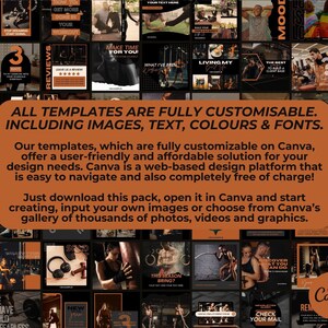 May include: A collage of images featuring fitness and workout themes. The images are in a dark brown and black color scheme with orange accents. The text "ALL TEMPLATES ARE FULLY CUSTOMISABLE. INCLUDING IMAGES, TEXT, COLOURS & FONTS." is displayed in a large font at the top of the collage. The text "Our templates, which are fully customizable on Canva, offer a user-friendly and affordable solution for your design needs. Canva is a web-based design platform that is easy to navigate and also completely free of charge!" is displayed below the collage. The text "Just download this pack, open it in Canva and start creating, input your own images or choose from Canva's gallery of thousands of photos, videos and graphics." is displayed at the bottom of the collage.