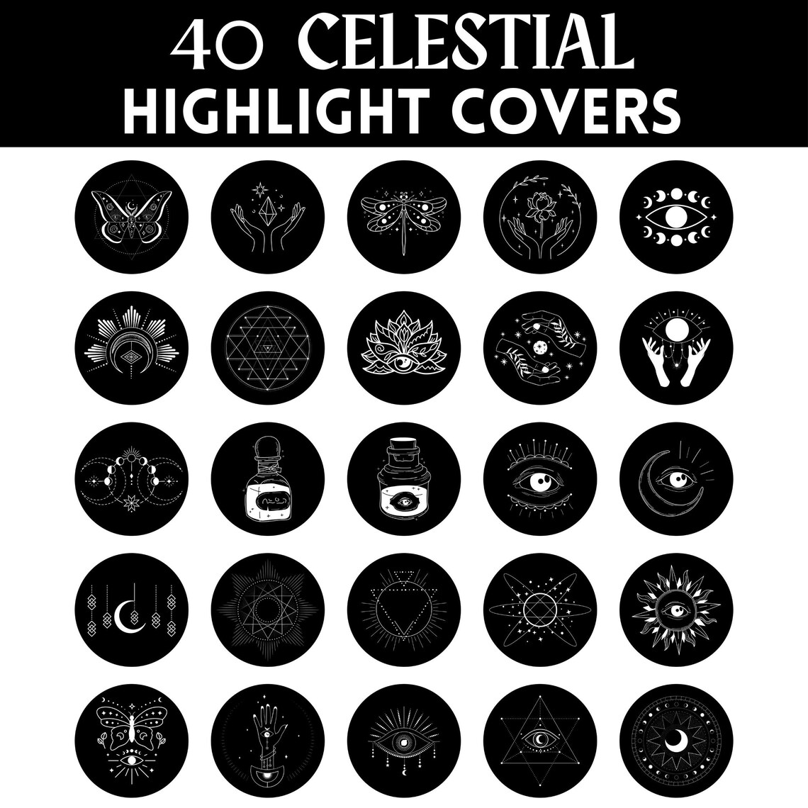 40 Instagram Highlight Covers Black and White IG Story Icons Celestial