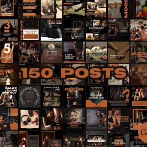 May include: A collage of 150 Instagram post templates for fitness businesses. The templates feature a dark background with orange accents and motivational quotes. The text "150 POSTS" is in large, bold letters in the center of the image.