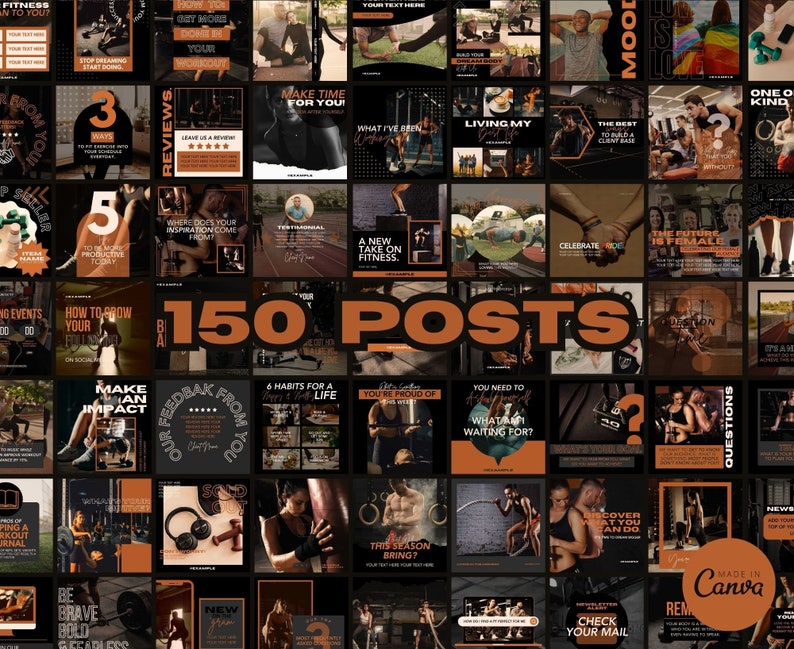 May include: A collage of 150 Instagram post templates for fitness businesses. The templates feature a dark background with orange accents and motivational quotes. The text "150 POSTS" is in large, bold letters in the center of the image.