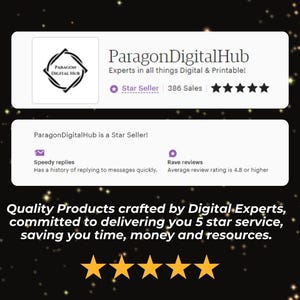 Op de afbeelding: Paragon DigitalHub is een Etsy-winkel die gespecialiseerd is in digitale en printbare producten. De winkel heeft een 5-sterrenbeoordeling en meer dan 386 verkopen. De winkel is een Star Seller met snelle antwoorden en lovende recensies.