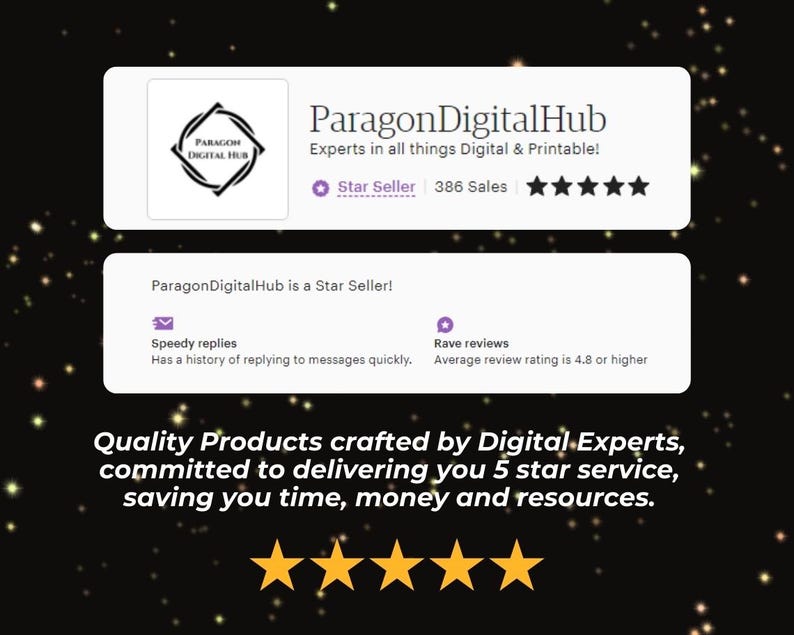 Op de afbeelding: Paragon DigitalHub is een Etsy-winkel die gespecialiseerd is in digitale en printbare producten. De winkel heeft een 5-sterrenbeoordeling en meer dan 386 verkopen. De winkel is een Star Seller met snelle antwoorden en lovende recensies.