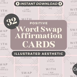 32 cartes d'affirmation d'échange de mots | Affirmations positives pour des expressions motivantes | Cartes graphiques modifiables en toile | Esthétique du mantra illustré