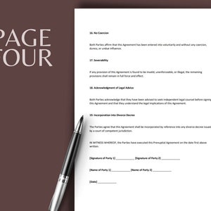 以下が含まれることがあります： 「婚前契約書」というタイトルの法的文書の4ページ目。この文書には、強制なし、分離可能性、法的アドバイスの確認、離婚判決への組み込みに関するセクションが含まれています。この文書には、署名と日付のスペースが含まれています。