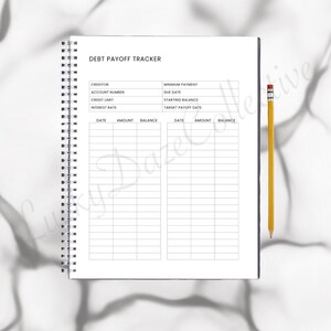 May include: A black and white debt payoff tracker with columns for date, amount, and balance. The tracker has space for two different debts.