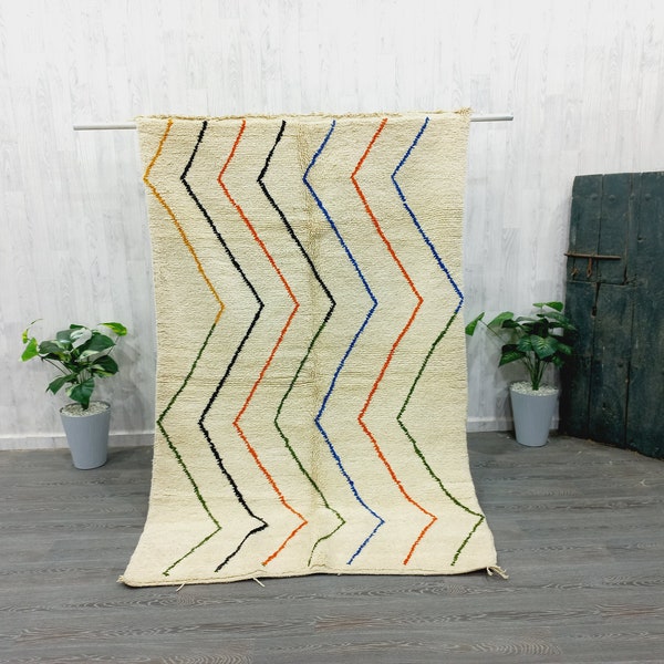 CUSTOM BENIOURAIN RUG, Moroccan Rug, Zigzag Handmade Wool Rug, Handwoven Rug, Beige and White Wool Rug, Area Rug, Beige Rug, Bohemian Rug