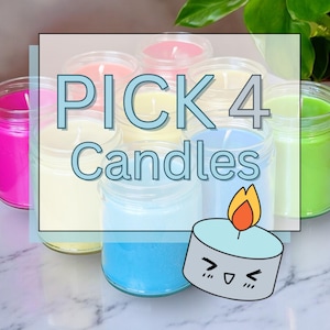 May include: A selection of six candles in various colors, including pink, yellow, blue, and green. The candles are in glass jars and are arranged in a semi-circle. The text "PICK 4 Candles" is displayed in a blue box over the candles. A cartoon candle with a smiling face is in the lower right corner.