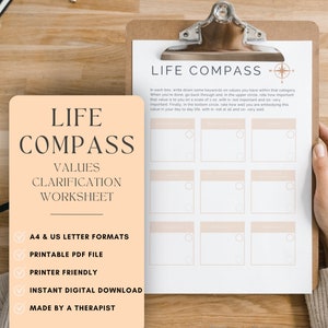 May include: A printable worksheet titled "Life Compass Values Clarification Worksheet" with a compass rose and a grid of boxes for writing down values. The worksheet is designed to help people identify and prioritize their values.