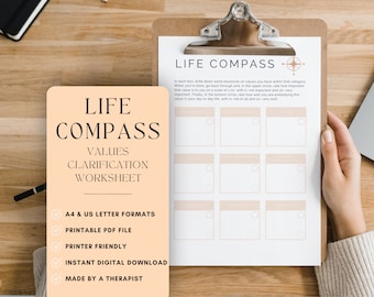Life Compass Worksheet, Acceptance and Commitment Therapy, ACT Worksheets, ACT Therapy Worksheet, Values Clarification Worksheet