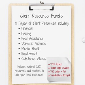 Client resource bundle includes national resources and sections to add you local resources.PDF format, instant digital download, US letter and A4 formats, created by a therapist