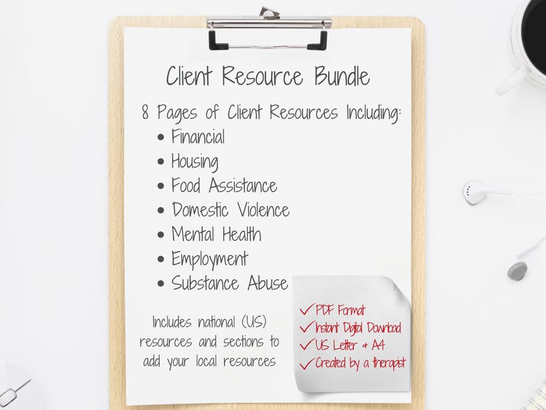 Client resource bundle includes national resources and sections to add you local resources.PDF format, instant digital download, US letter and A4 formats, created by a therapist