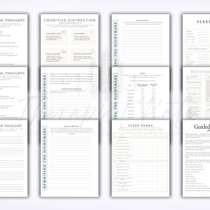 May include: Several open notebooks with sleep-related content. Topics include "Sleep Disrupting Thoughts," "Cognitive Distraction Techniques," "Rewriting the Nightmare," and a "Sleep Diary." The pages are white with black text and a light green border.