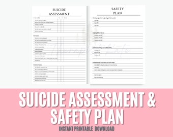 May include: A printable suicide assessment and safety plan worksheet. The worksheet includes sections for current suicide thoughts, risk factors, protective factors, warning signs, coping skills, friends or family to call for help, and professionals to reach out to for help.