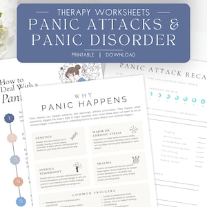 May include: A collection of printable therapy worksheets on panic attacks and panic disorder. The worksheets include information on how to deal with panic, why panic happens, and a panic attack recap form. The text is in a clean, easy-to-read font.