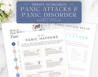 May include: A set of printable therapy worksheets focusing on panic attacks and panic disorder. The worksheets cover topics such as managing panic, the causes of panic, and a panic attack recap. The text is presented in a clear, readable font.