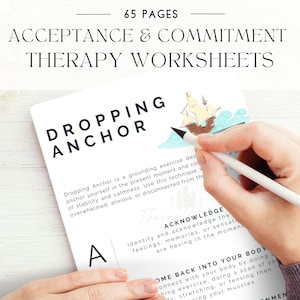 May include: A white sheet of paper with the title "Dropping Anchor" in black text. The text describes the exercise as a grounding technique to help with anxiety and disconnection. The paper has a hand-drawn illustration of a ship sailing on a blue wave.
