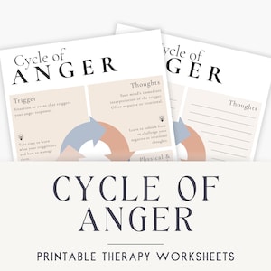 Puede incluir: Dos hojas de trabajo de terapia imprimibles tituladas "Ciclo de la ira". Las hojas de trabajo presentan un diagrama con flechas y texto que describe los desencadenantes, los pensamientos y las respuestas físicas. La parte inferior de la imagen dice "Hojas de trabajo de terapia imprimibles."