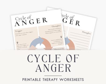 May include: Two printable therapy worksheets titled "Cycle of Anger." The worksheets feature a diagram with arrows and text describing triggers, thoughts, and physical responses. The bottom of the image reads "Printable Therapy Worksheets."