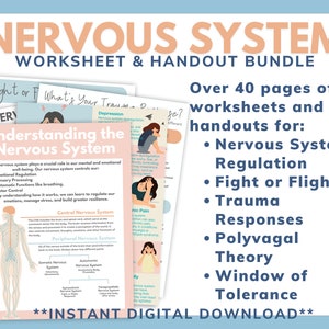 Nervous System Therapy Worksheets: Fight or Flight, Trauma Worksheets, Window of Tolerance, Polyvagal. Printable Therapy Worksheets