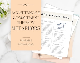 May include: A printable worksheet with ACT (Acceptance and Commitment Therapy) metaphors. The worksheet features a peach background with black text and illustrations. The metaphors include "Radio Doom & Gloom", "The Polygraph", "Beachball", and "Unwanted Guest".