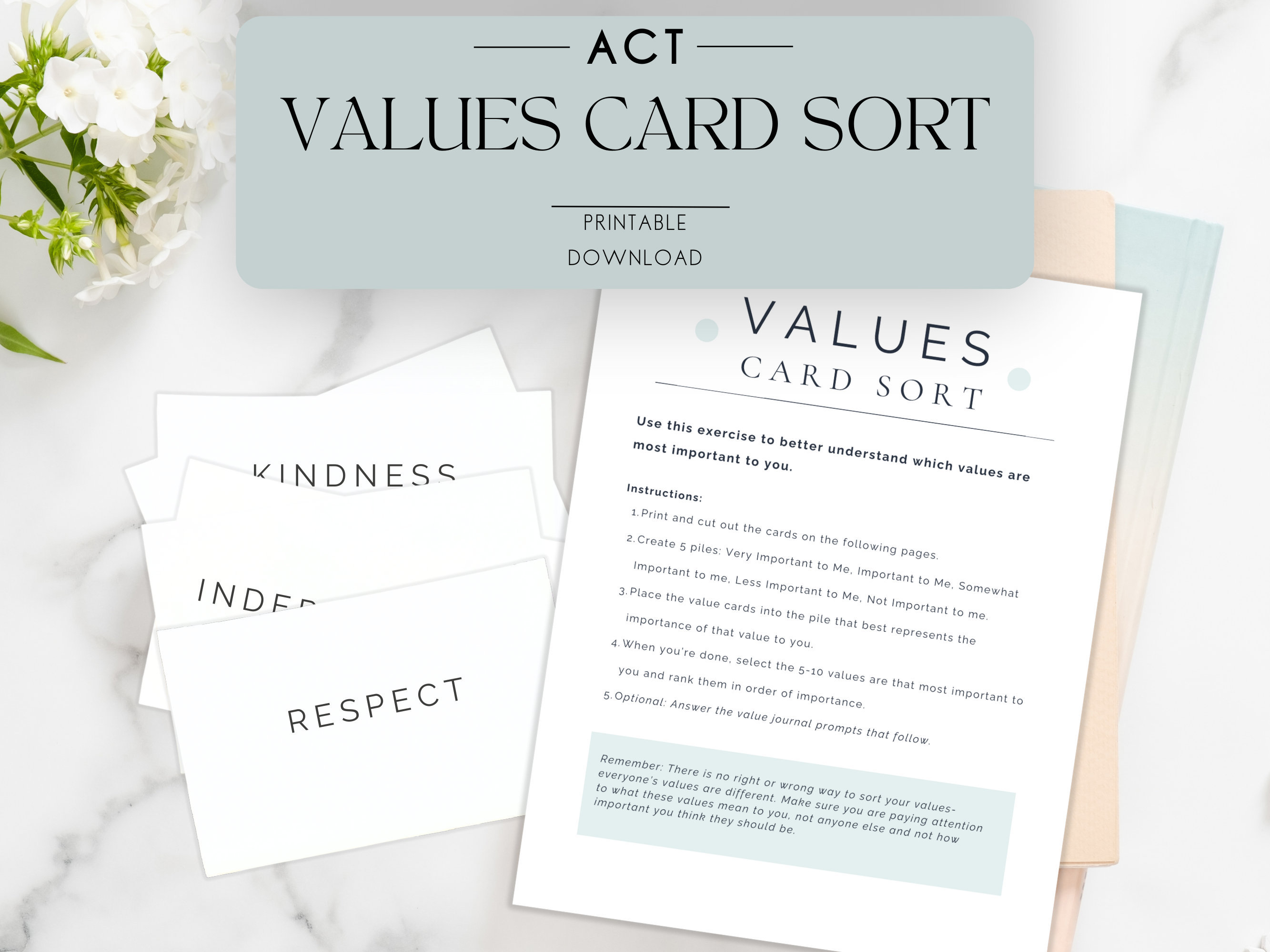 Values Card Sort, Values Clarification Exercise, Values Card Deck, Therapist Aid, Therapy Worksheets, Acceptance and Commitment Therapy, ACT