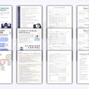 May include: A set of educational documents about sleep and mental health. The pages feature titles like "Impacts of Sleep on Mental Health", "Sleep Habits", "Sleep Assessment", and "Sleep Disorders". The design is predominantly white with black text and illustrations.
