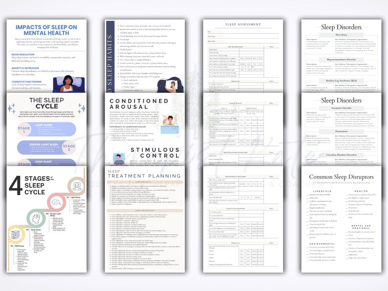 May include: A set of educational documents about sleep and mental health. The pages feature titles like "Impacts of Sleep on Mental Health", "Sleep Habits", "Sleep Assessment", and "Sleep Disorders". The design is predominantly white with black text and illustrations.
