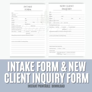 May include: Printable intake and new client inquiry forms for therapists or counselors. The forms are white with black text and include fields for personal information, insurance details, and appointment preferences.