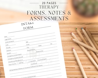May include: Intake form for therapy with sections for personal information, emergency contact, insurance, and reason for seeking therapy.