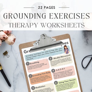 Peut inclure: Une feuille de travail imprimable avec un schéma de couleurs bleu clair, rose et vert. La feuille de travail est intitulée "Exercices d'ancrage Feuilles de travail de thérapie" et comprend six techniques d'ancrage différentes : Respiration, Mouvement conscient, Ancrage du corps, 5-4-3-2-1, Méditation et Utilisation des sens.