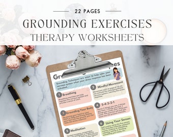 May include: A printable worksheet with a light blue, pink, and green color scheme. The worksheet is titled "Grounding Exercises Therapy Worksheets" and includes six different grounding techniques: Breathing, Mindful Movement, Grounding Your Body, 5-4-3-2-1, Meditation, and Using Your Senses.