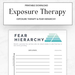Puede incluir: Hoja de trabajo imprimible para terapia de exposición con una jerarquía de miedos. La hoja de trabajo tiene una columna para situaciones y una columna para la calificación del miedo. La hoja de trabajo está diseñada para ayudar a las personas a identificar y controlar sus miedos.