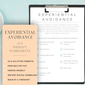 May include: A printable worksheet for ACT therapy focusing on experiential avoidance. The worksheet lists common ways experiential avoidance shows up, such as avoiding uncomfortable conversations, procrastination, and suppressing painful memories. The worksheet is available in A4 and US letter formats, is printer friendly, and is made by a therapist.