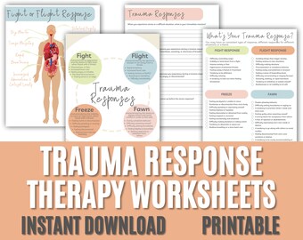 Op de afbeelding: Printbare werkbladen voor traumaresponstherapie met een kleurrijke illustratie van een persoon met gelabelde inwendige organen. De werkbladen bevatten een checklist van symptomen voor elke reactie: vechten, vluchten, bevriezen, vleien.