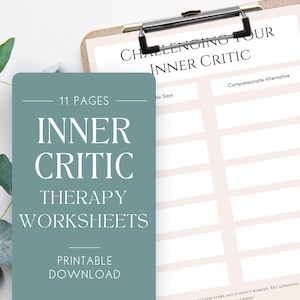 Inner Critic Therapy Worksheet Bundle, Self Esteem, Solution Focused, CBT, Anxiety, Counseling, Psychology, Self Compassion, Perfectionism