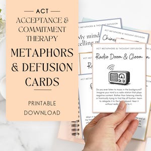 May include: A collection of printable ACT Metaphors & Defusion Cards. The cards feature text and illustrations, including a radio graphic with the words "Radio Doom & Gloom." The cards are designed for Acceptance and Commitment Therapy.
