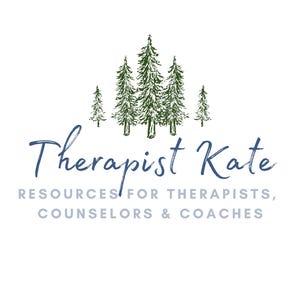 May include: Logo for "Therapist Kate" with a forest of green pine trees above the name in a handwritten blue font. The text below reads "RESOURCES FOR THERAPISTS, COUNSELLORS & COACHES" in a grey font.