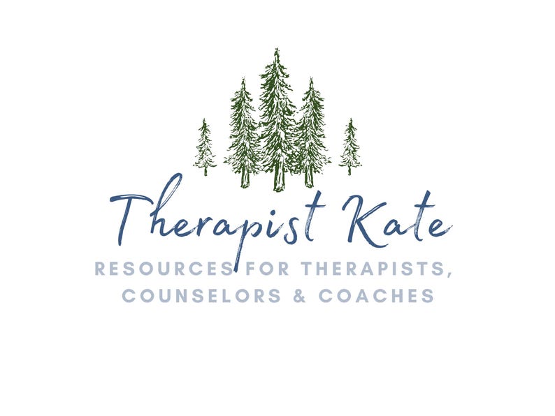 May include: Logo for "Therapist Kate" with a forest of green pine trees above the name in a handwritten blue font. The text below reads "RESOURCES FOR THERAPISTS, COUNSELLORS & COACHES" in a grey font.