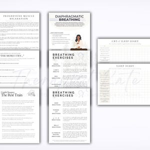 May include: A set of printable guides for relaxation and sleep, with text on progressive muscle relaxation, diaphragmatic breathing, and breathing exercises. Includes a CBT-I sleep diary and a sleep diary. The guides are in black and white.