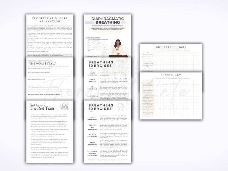 May include: A set of printable guides for relaxation and sleep, with text on progressive muscle relaxation, diaphragmatic breathing, and breathing exercises. Includes a CBT-I sleep diary and a sleep diary. The guides are in black and white.