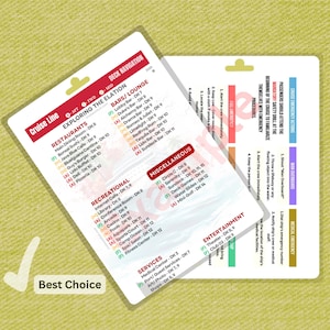 May include: Two white cruise ship deck navigation cards with a green background. One card displays restaurants, bars, and recreational areas. The other card lists emergency procedures. The text "Best Choice" is also visible.