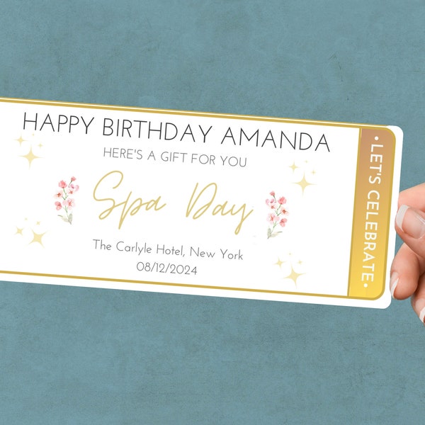 Personalized Spa Day Gift Coupon Customized Gift Idea For Birthday, Anniversary Surprise Reveal Gold Ticket Voucher Relaxation Gift Massage