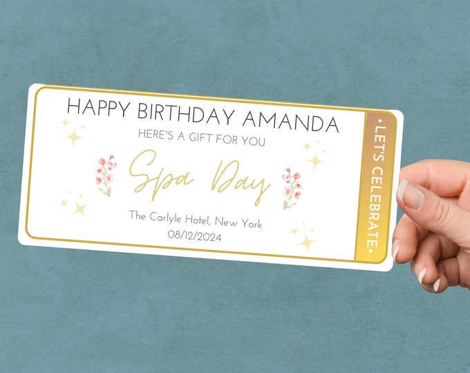 Personalized Spa Day Gift Coupon Customized Gift Idea For Birthday, Anniversary Surprise Reveal Gold Ticket Voucher Relaxation Gift Massage
