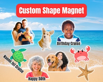 May include: A set of custom shape magnets featuring various designs, including a turtle, a crab, a starfish, a dog, a corgi, a family portrait, a young boy, and a woman. The magnets are all on a sandy beach background with blue water and a red banner at the top that says "Custom Shape Magnet".
