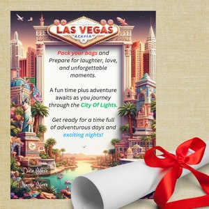Viagem a Las Vegas revela carta surpresa presente de férias revela surpresa personalizada convite de viagem a Las Vegas anúncio de ideia de presente personalizado