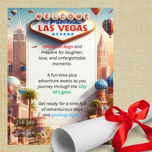 Viaje a Las Vegas Revelar carta sorpresa Regalo de vacaciones Revelar sorpresa personalizada Invitación de viaje a Las Vegas Anuncio de idea de regalo personalizado
