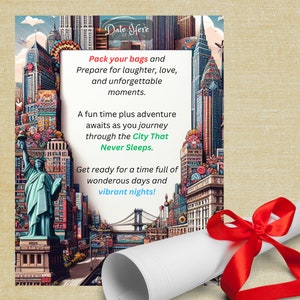 Viaje a Nueva York Revelar Carta sorpresa Regalo de vacaciones Revelar Sorpresa personalizada Invitación de viaje a Nueva York Anuncio personalizado de ideas de regalos a Nueva York