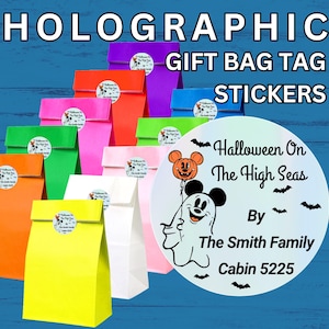 May include: A collection of colorful paper gift bags in orange, green, pink, white, and yellow, each featuring a round holographic sticker. The sticker displays a ghost, a pumpkin balloon, bats, and the text Halloween On The High Seas By The Smith Family Cabin 5225.